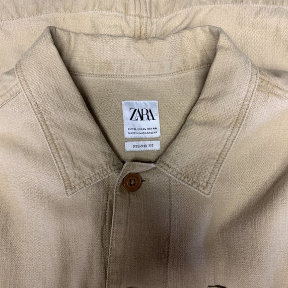 -Used Men Zara Light Brown Khaki Heavy Long Sleeve Relaxed Fit Button Up Size XL - Picture 4 of 4